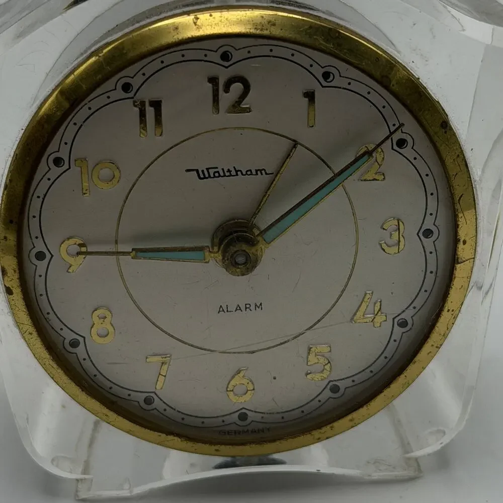 Waltham Alarm Clock Mechanical Clear Lucite Case Brass Germany Parts Display